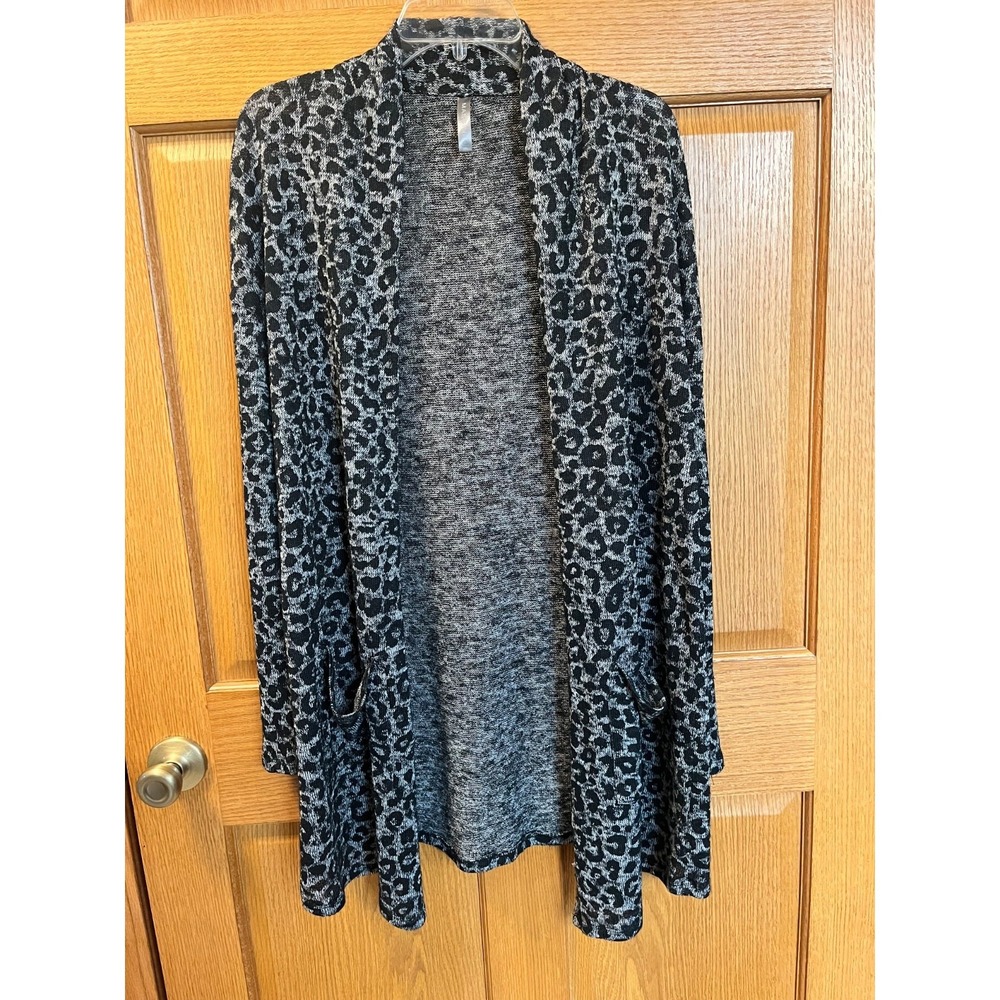 Massini Leopard Print Open Cardigan Sweater Gray Black Lightweight Long Sleeve L